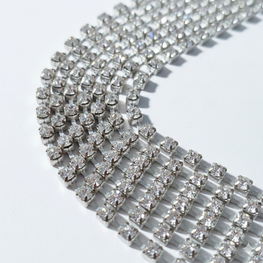 Rhinestone 24-34" Necklace Vintage Glass Statement Opera Length Layered Silver - Picture 9 of 9